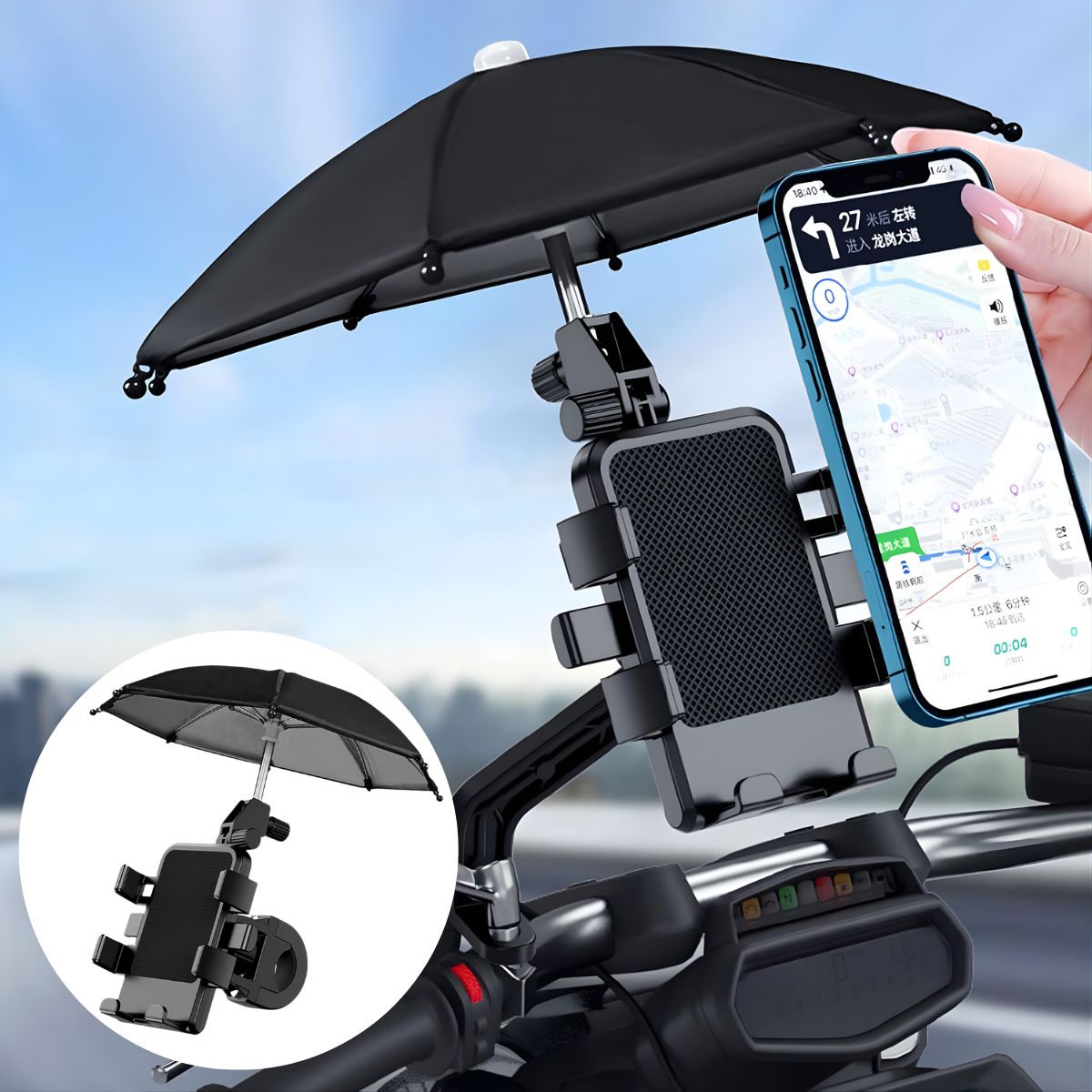📱 SOPORTE PARA CELULAR CON SOMBRILLA PARA MANUBRIO DE MOTO Y BICICLETA + ENVÍO GRATIS 🚚