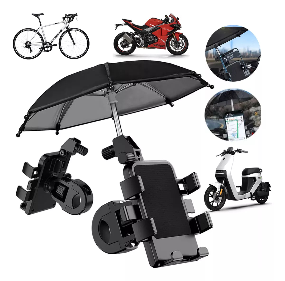 📱 SOPORTE PARA CELULAR CON SOMBRILLA PARA MANUBRIO DE MOTO Y BICICLETA + ENVÍO GRATIS 🚚